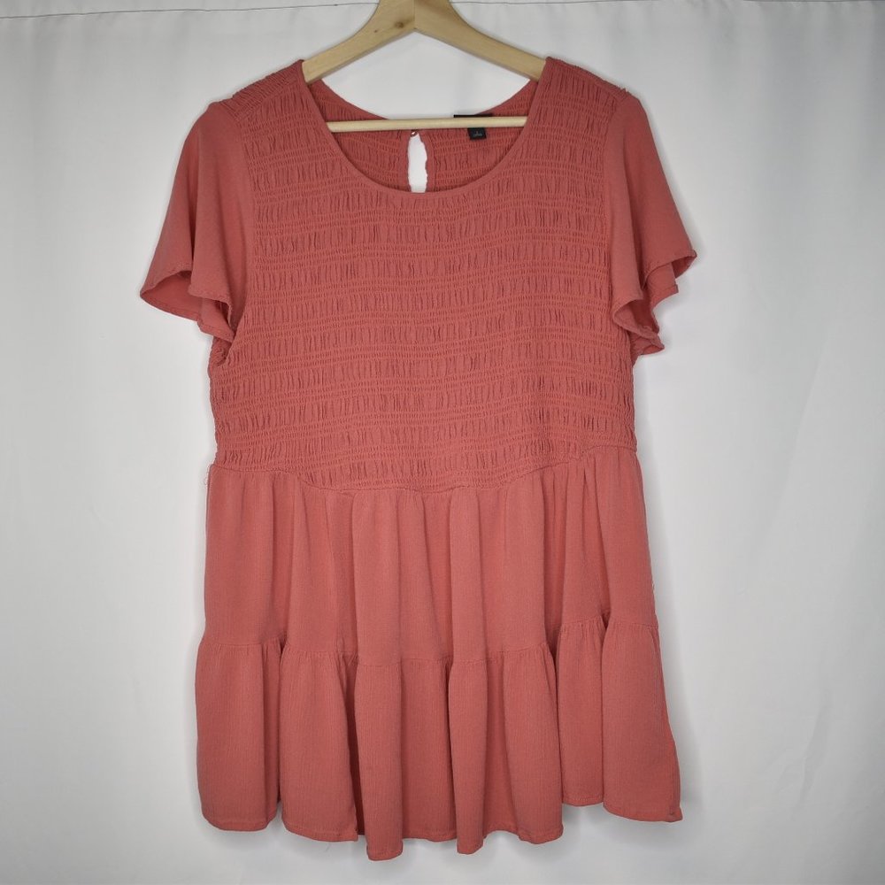 Torrid Women's Blouse Tunic Smocked Short Sleeve Flutter Tiered Pink